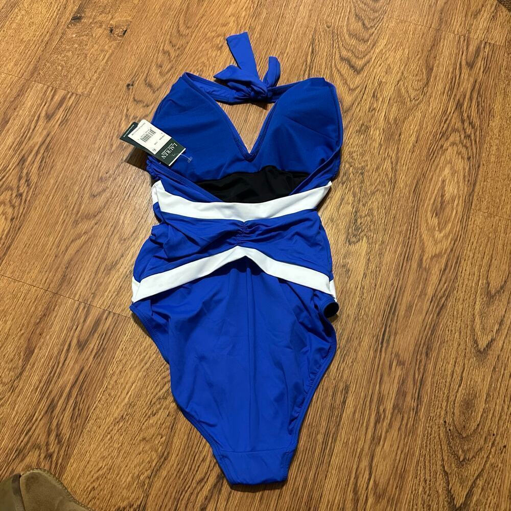 Lauren Ralph Lauren blue white halter one piece bathing suit summer size 6 beach